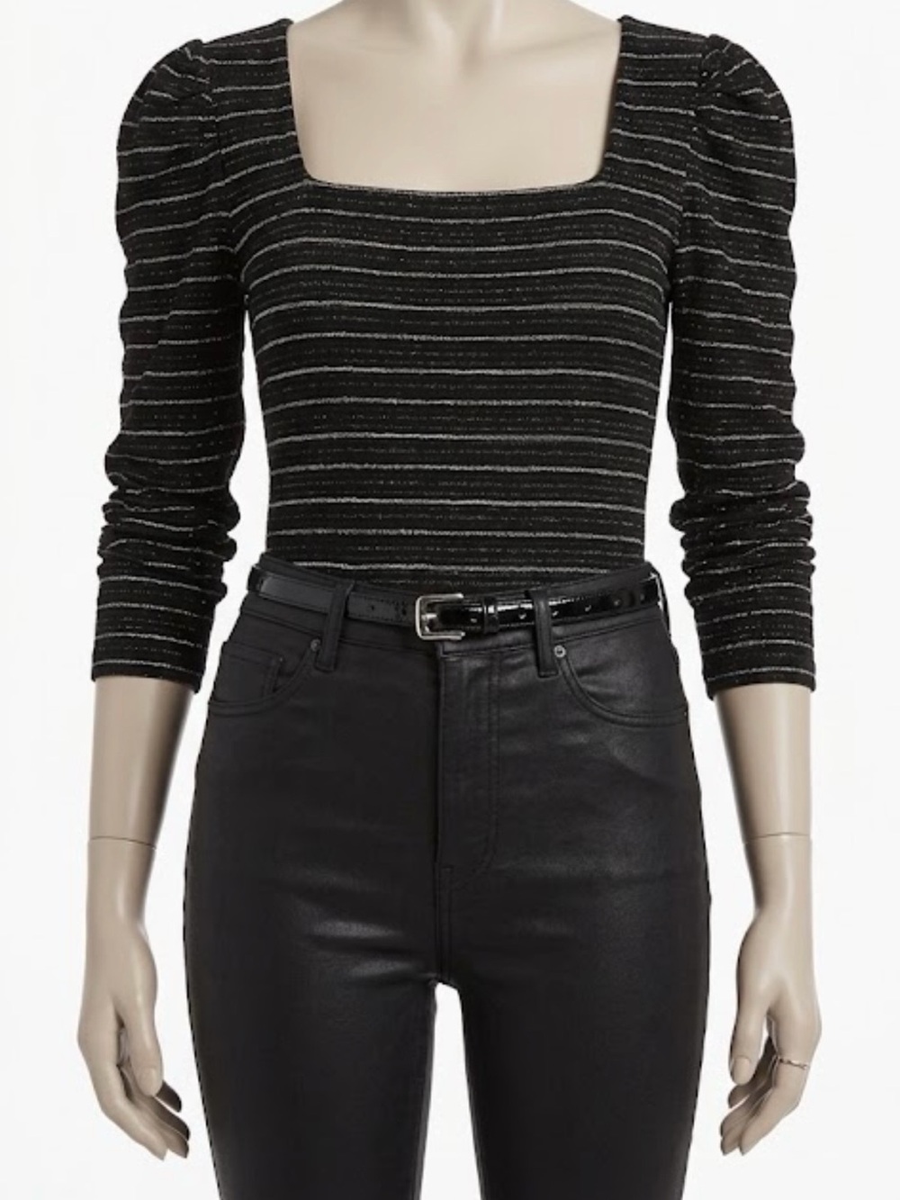 Women’s Loft Black/ Silver Shimmer Puff Sleeve Square Neck Top Large